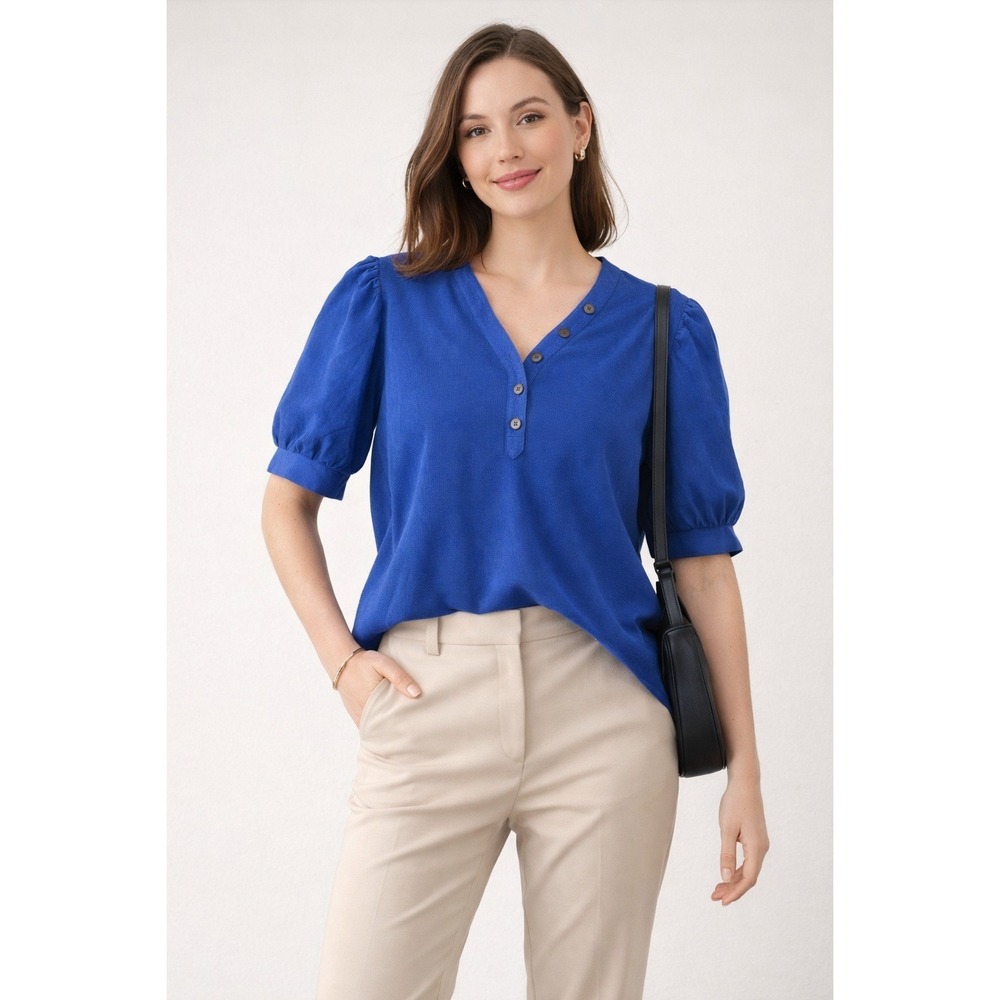 Chicos Royal Blue Henley Puff‎ Sleeve Ribbed Knit Top Size 3 XL 570324869